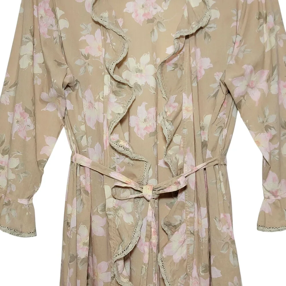 Fleurette Floral Cotton Kimono Robe Ruffle Tie Waist Maxi Beige Pink Romantic S - Picture 3 of 13